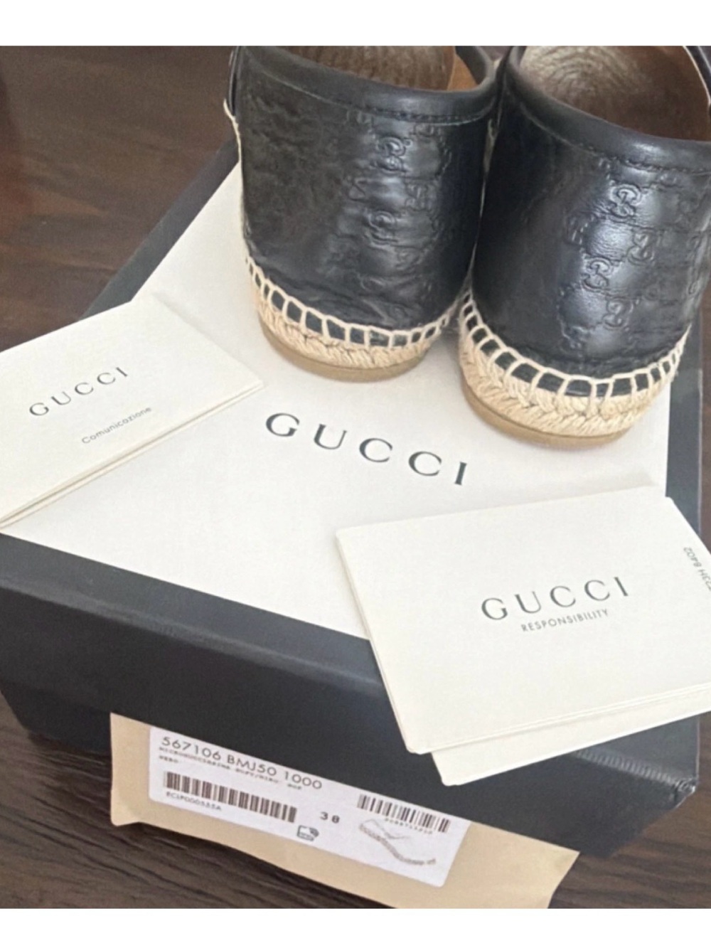 Gucci Black Leather Espadrille Slip-Ons with Jute Trim - Picture 2 of 2